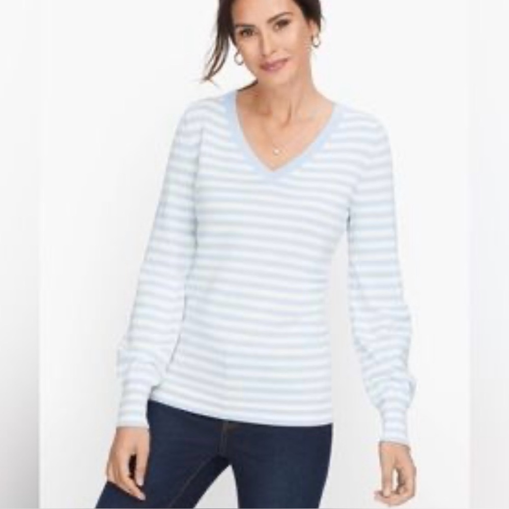 Talbots v neck powder blue white stripe sweater